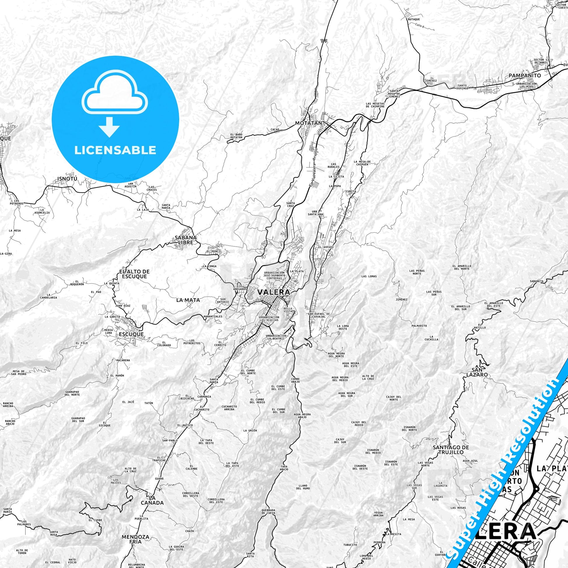 Valera, Venezuela light map with streetnames, citynames and districts
