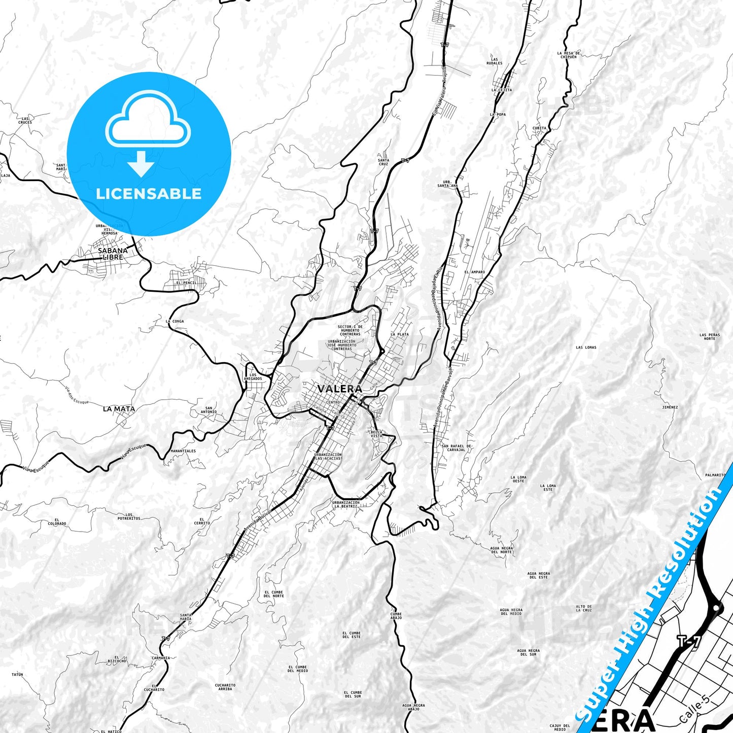 Valera, Venezuela Light Map with Street Names, City Names, and Districts