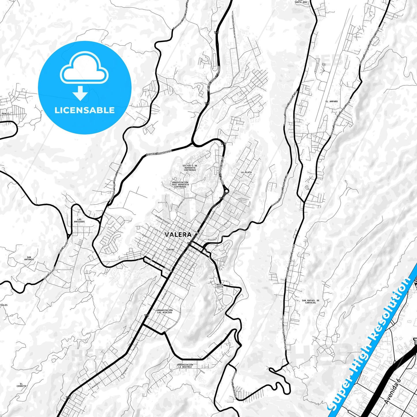 Valera, Venezuela Light Map with Street Names, City Names, and Districts