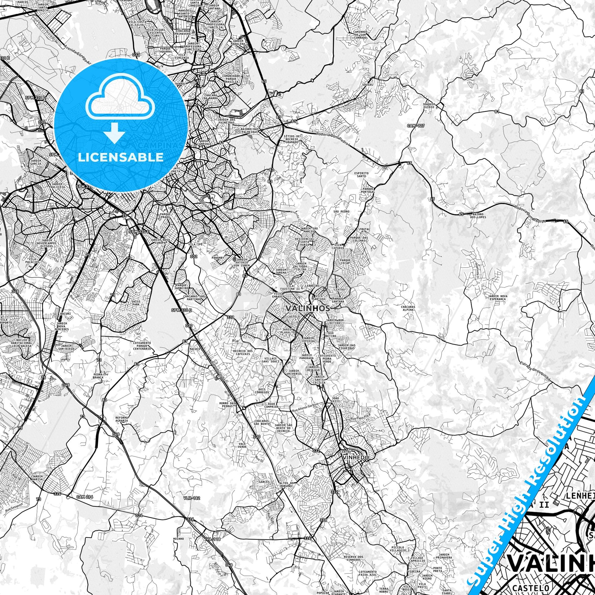 Valinhos, Brazil light map with streetnames, citynames and districts