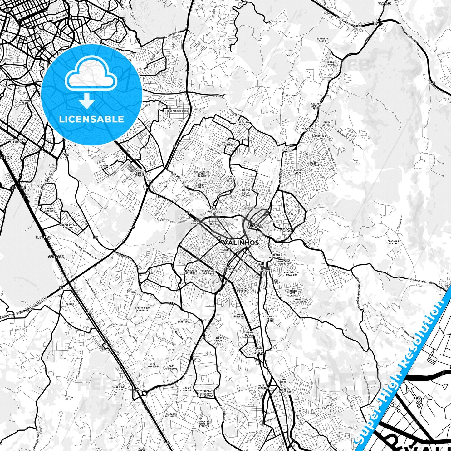 Valinhos, Brazil Light Map with Street Names, City Names, and Districts