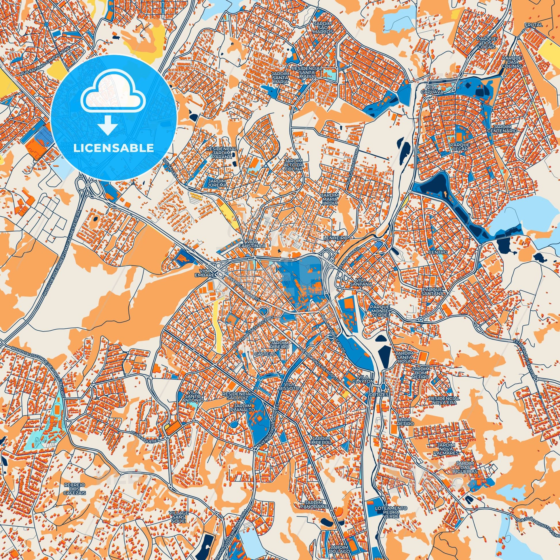 Colorful Valinhos Street Map with Labels and Buildings
