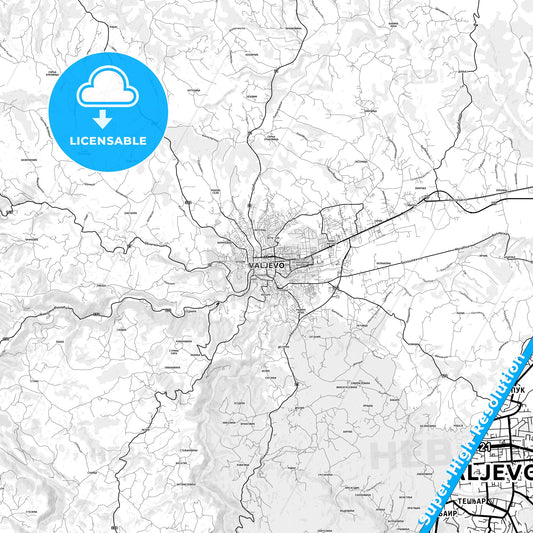 Valjevo, Serbia light map with streetnames, citynames and districts