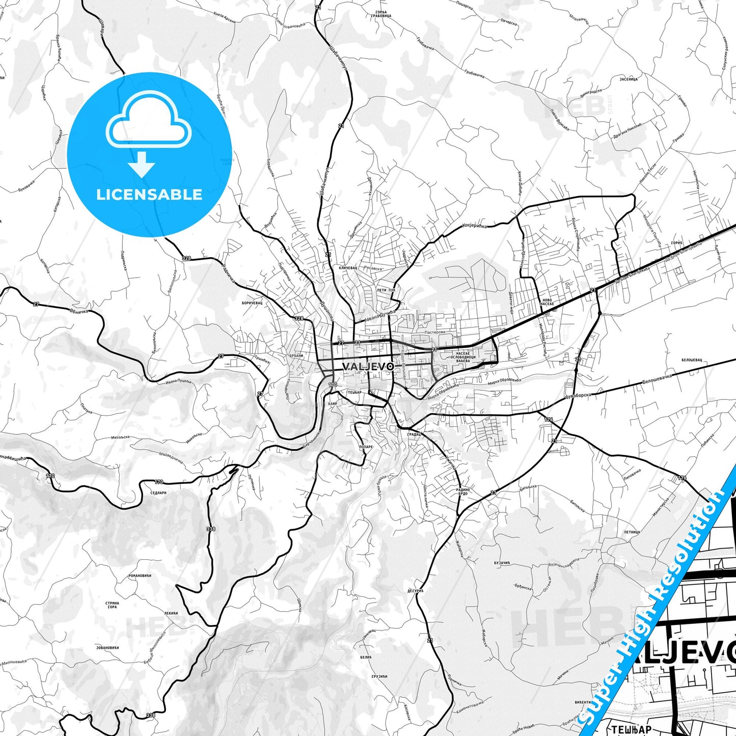 Valjevo, Serbia Light Map with Street Names, City Names, and Districts