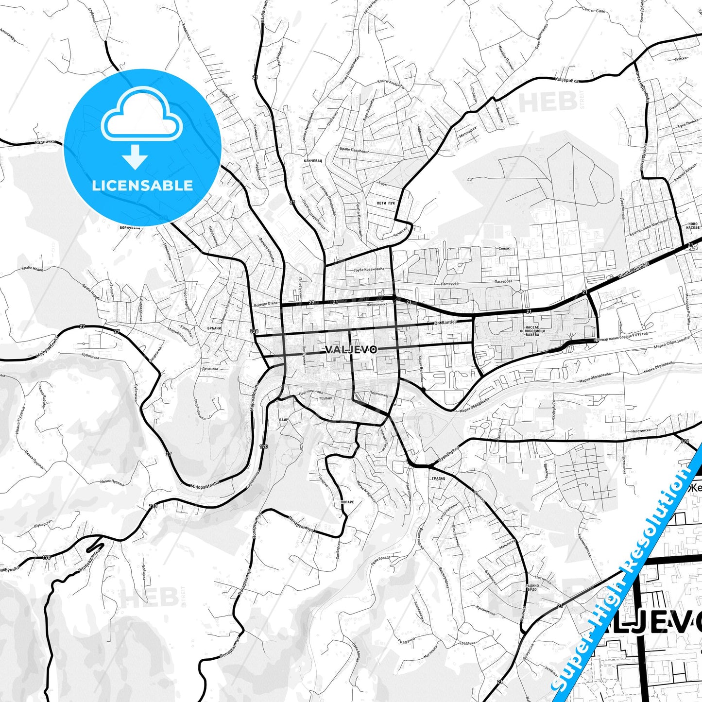 Valjevo, Serbia Light Map with Street Names, City Names, and Districts