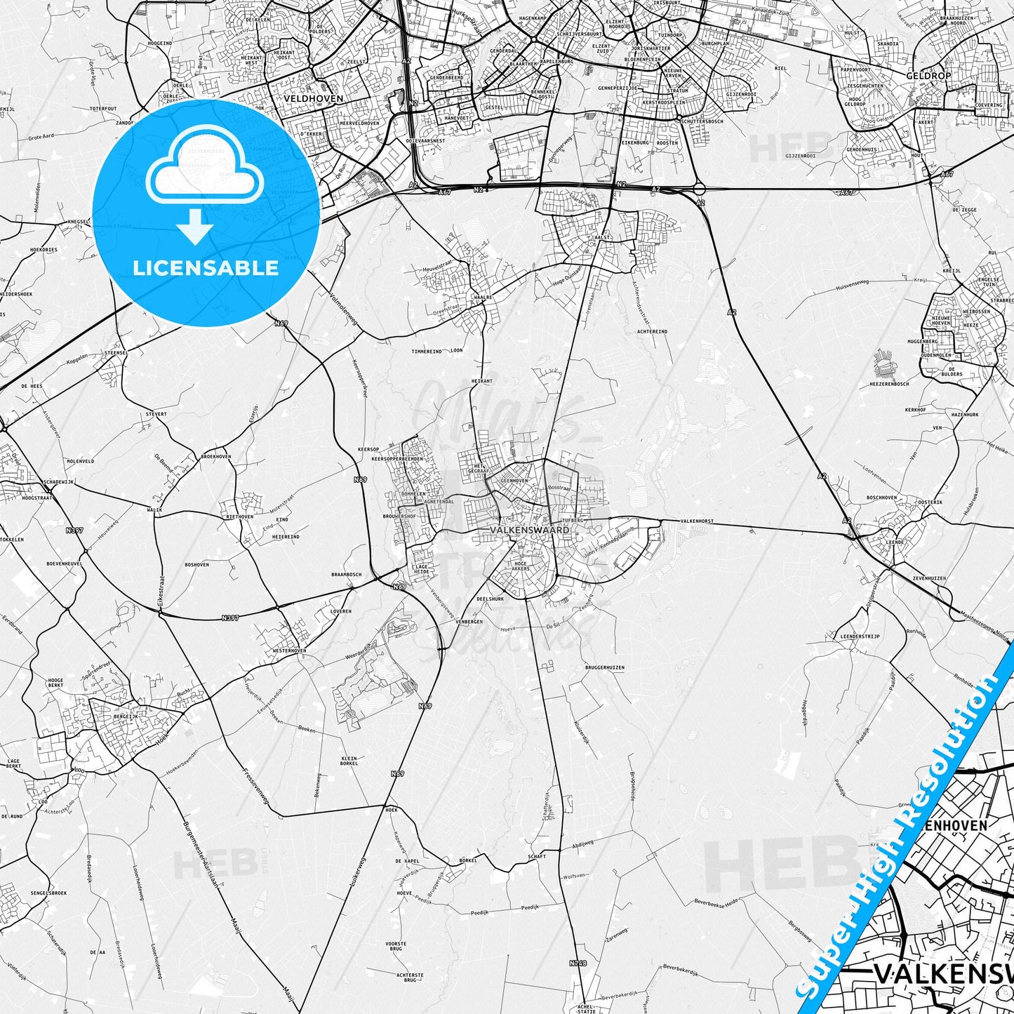Valkenswaard, Netherlands light map with streetnames, citynames and districts