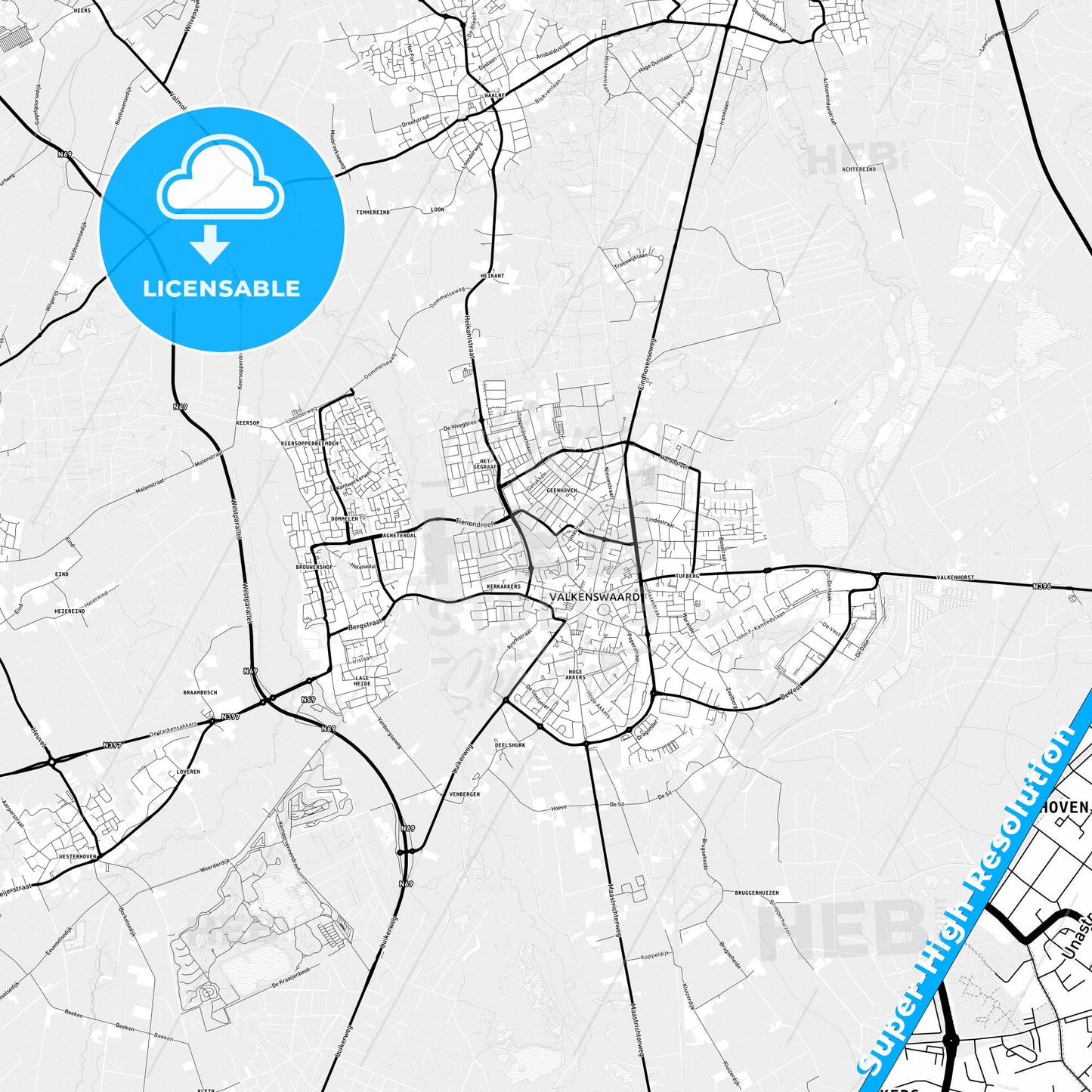Valkenswaard, Netherlands Light Map with Street Names, City Names, and Districts