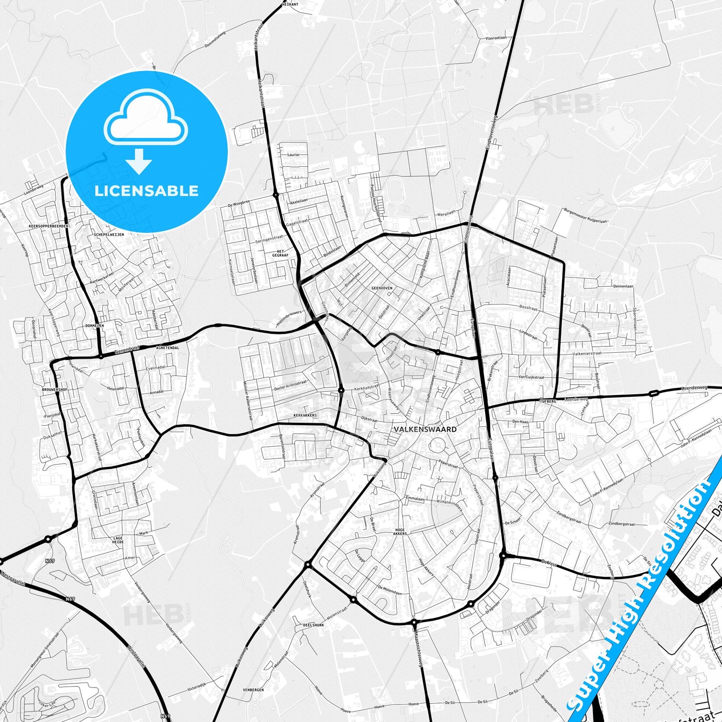Valkenswaard, Netherlands Light Map with Street Names, City Names, and Districts