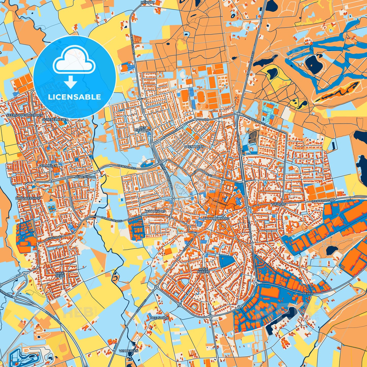 Colorful Valkenswaard Street Map with Labels and Buildings