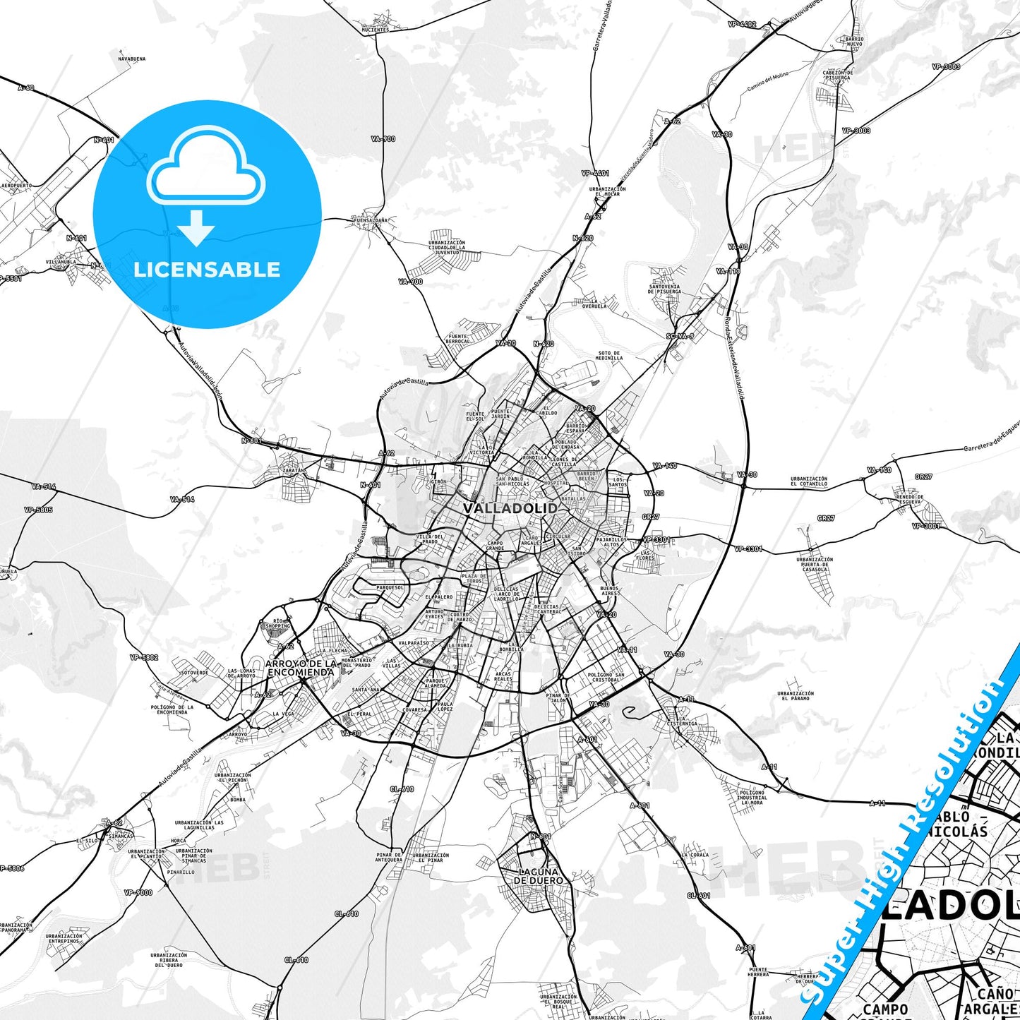 Valladolid, Spain light map with streetnames, citynames and districts