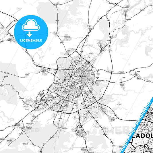 Valladolid, Spain light map with streetnames, citynames and districts
