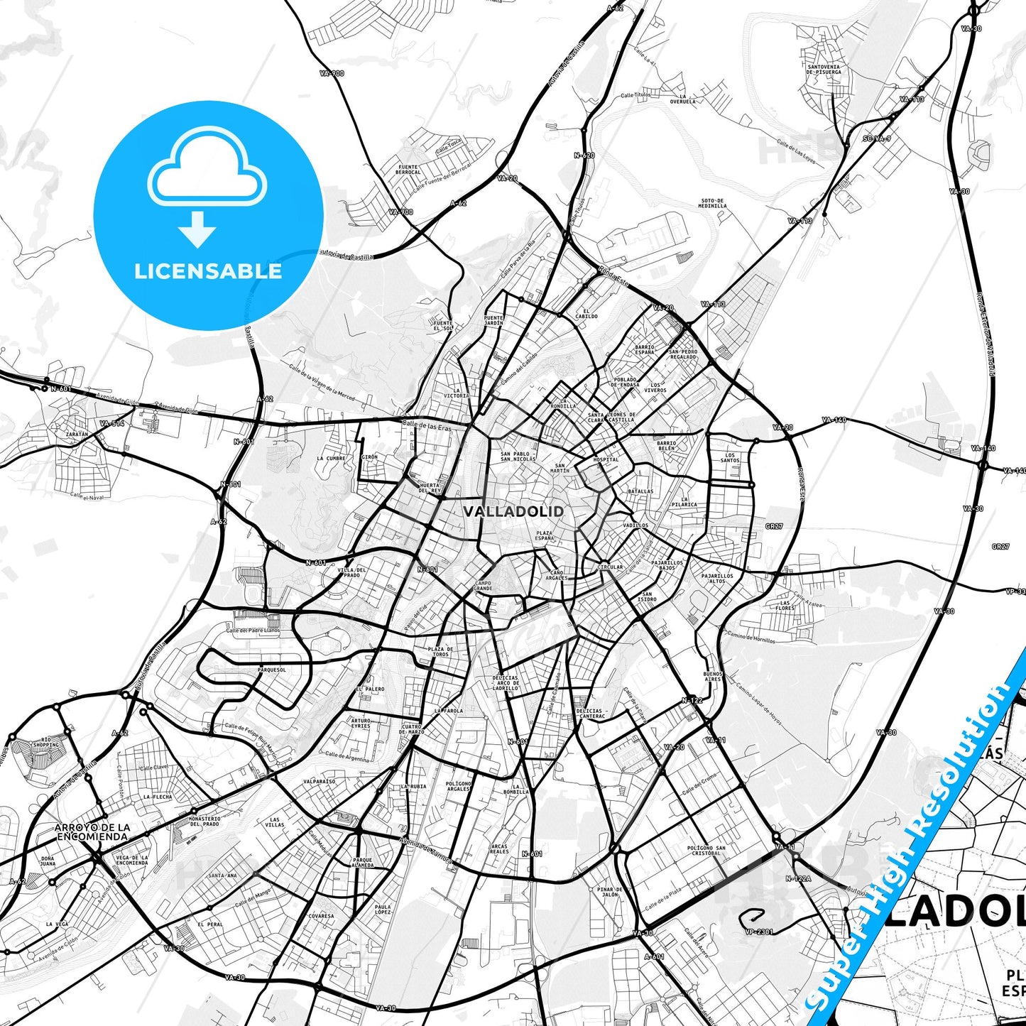Valladolid, Spain Light Map with Street Names, City Names, and Districts