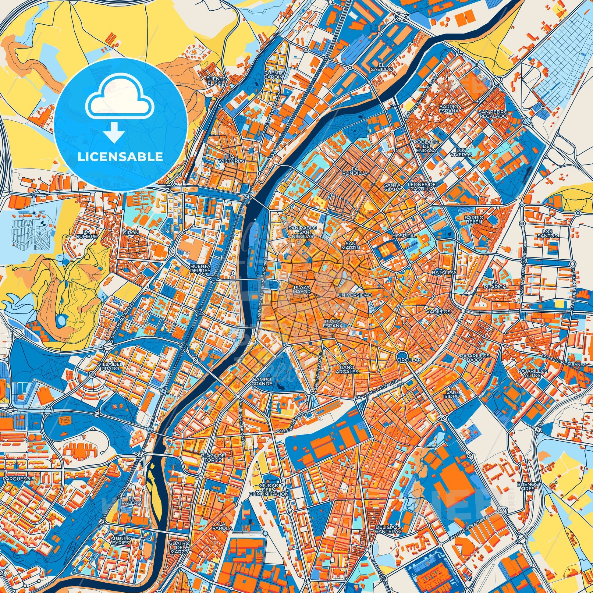 Colorful Valladolid Street Map with Labels and Buildings