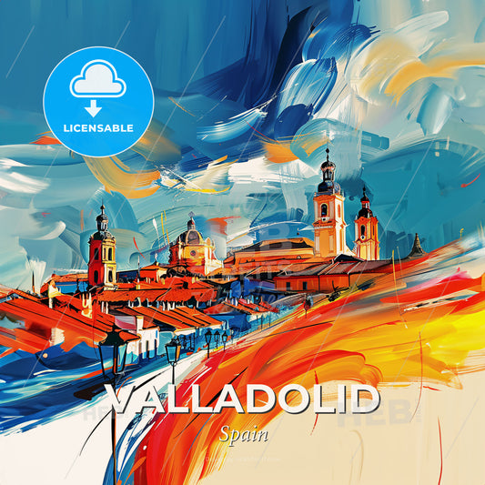 Vibrant Valladolid, Spain - A Painting Of A Town With A Colorful Sky - Square format print template