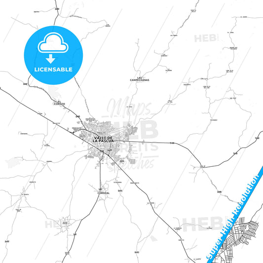 Valle de La Pascua, Venezuela light map with streetnames, citynames and districts