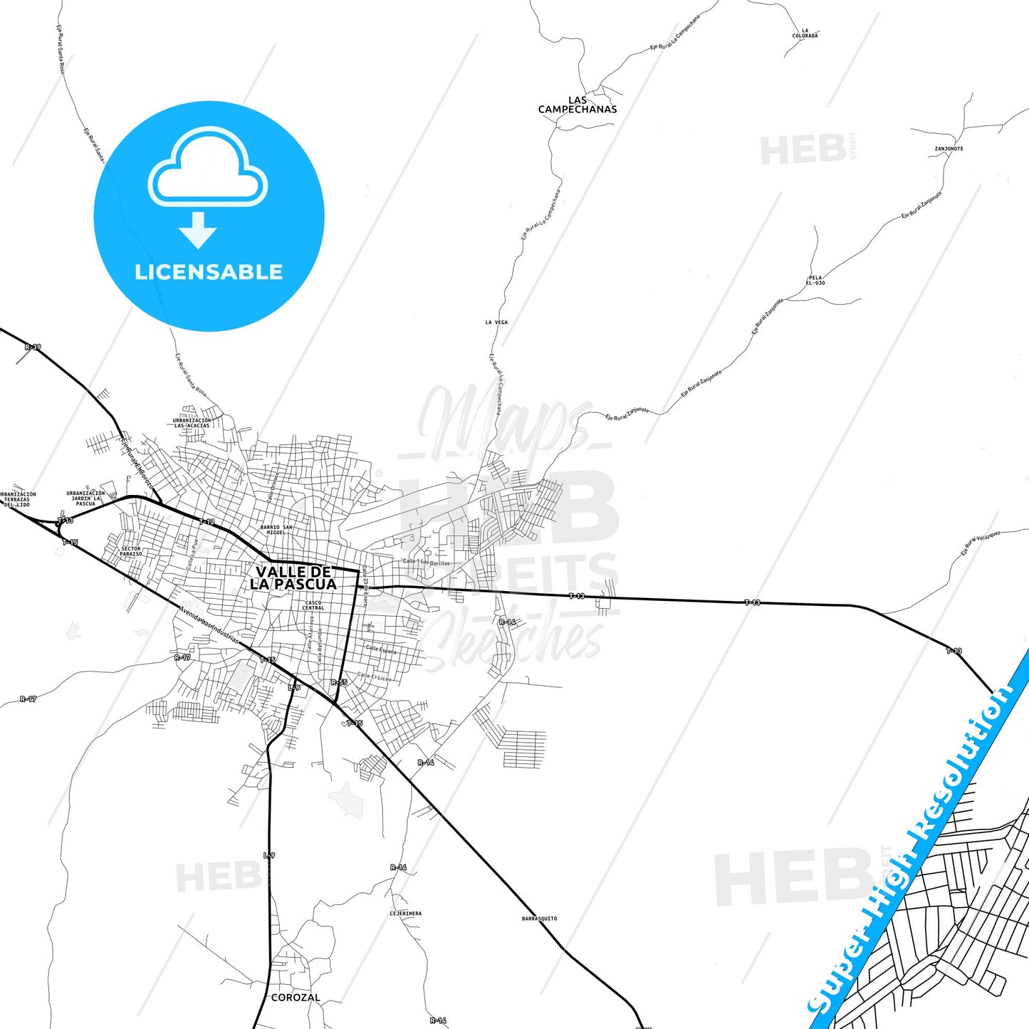 Valle de La Pascua, Venezuela Light Map with Street Names, City Names, and Districts