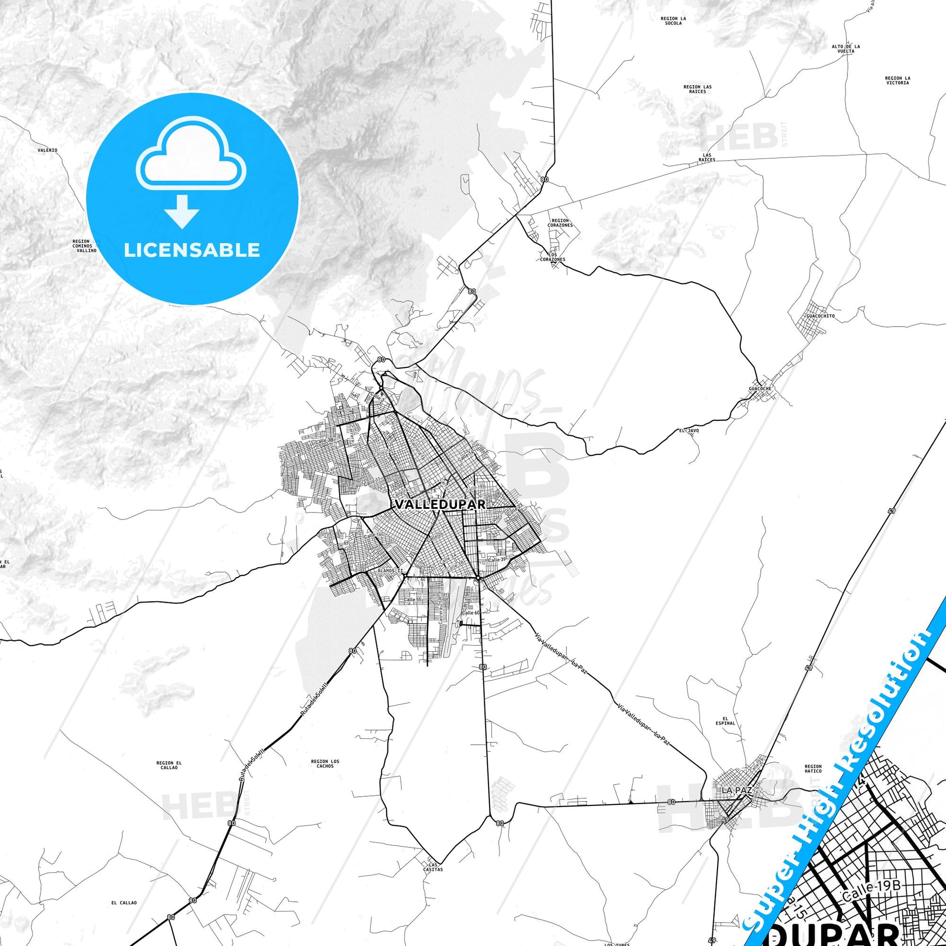 Valledupar, Colombia light map with streetnames, citynames and districts