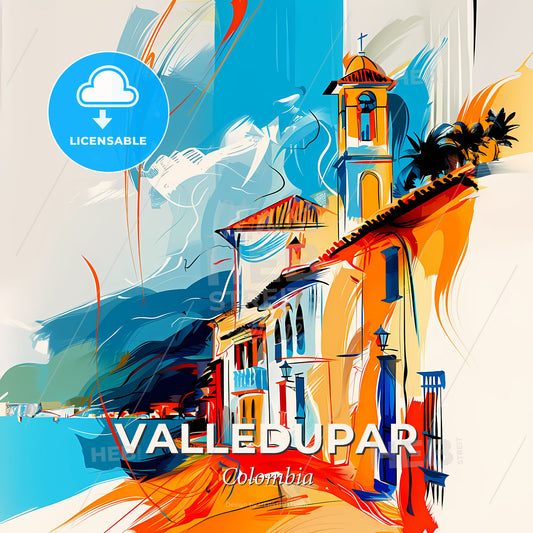 Vibrant Valledupar, Colombia - A Painting Of A Building With A Tower And Palm Trees - Square format print template