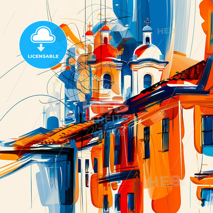 Vibrant Valledupar, Colombia - A Painting Of A Building With A White Wall And Blue And Orange Roof