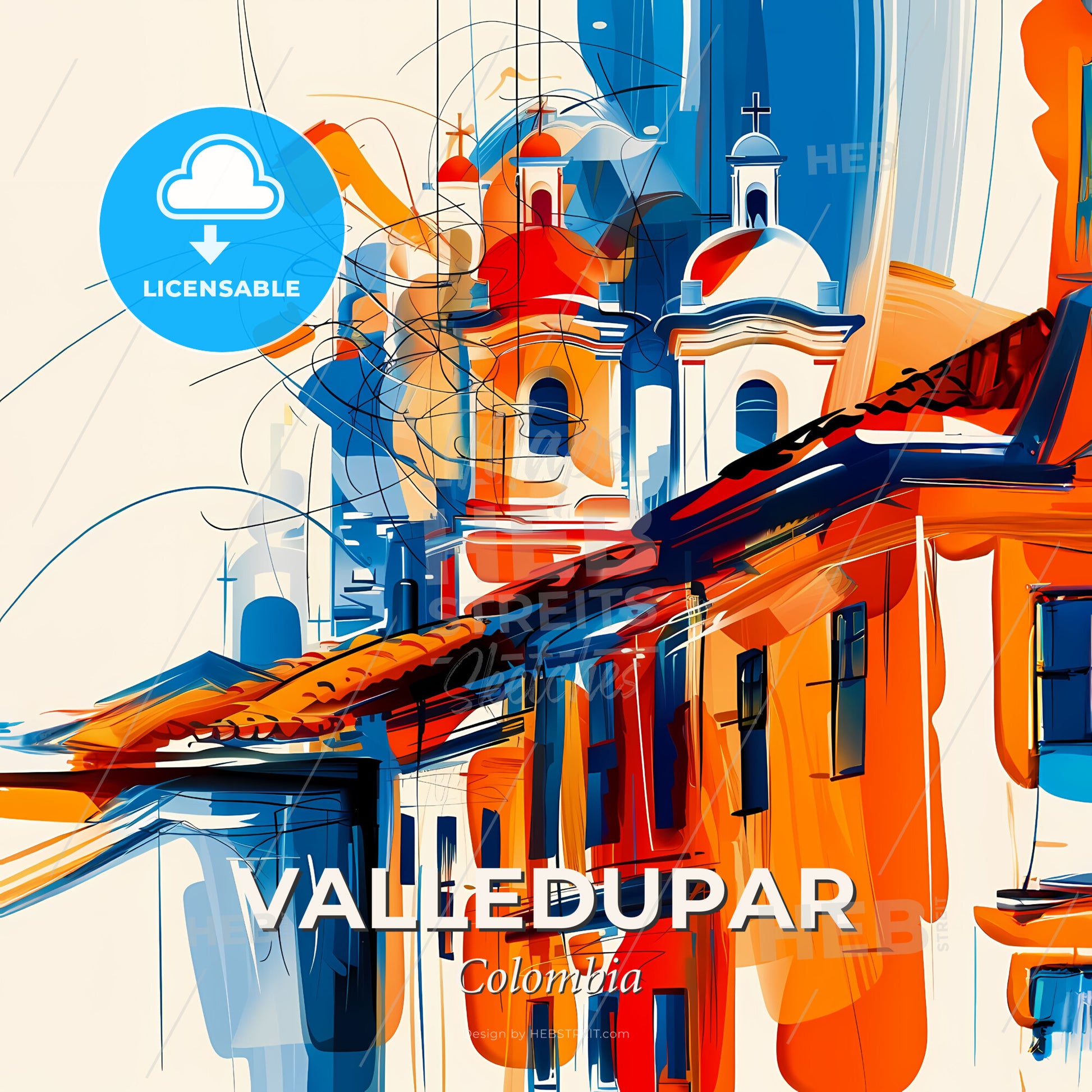Vibrant Valledupar, Colombia - A Painting Of A Building With A White Wall And Blue And Orange Roof - Square format print template