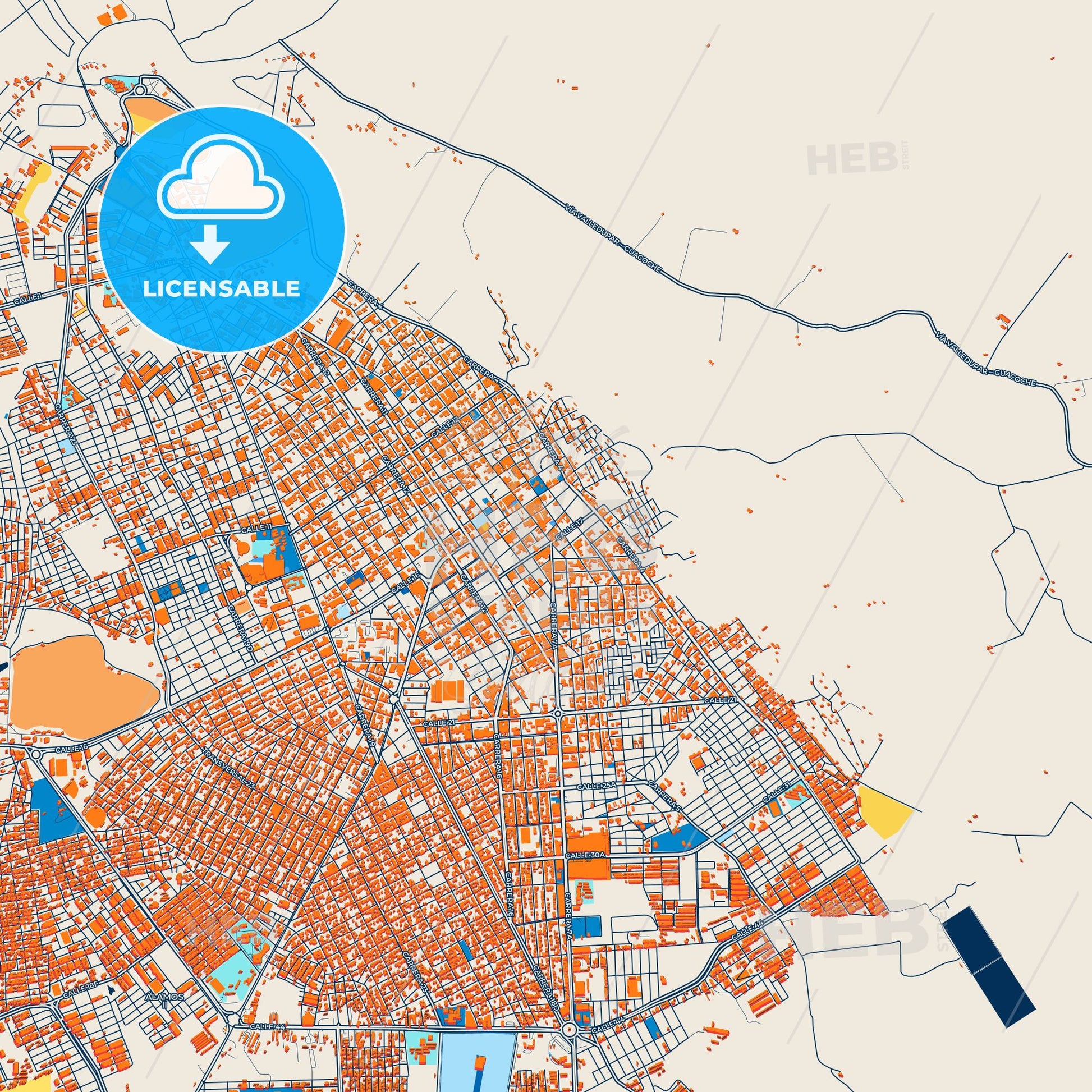 Colorful Valledupar Street Map with Labels and Buildings