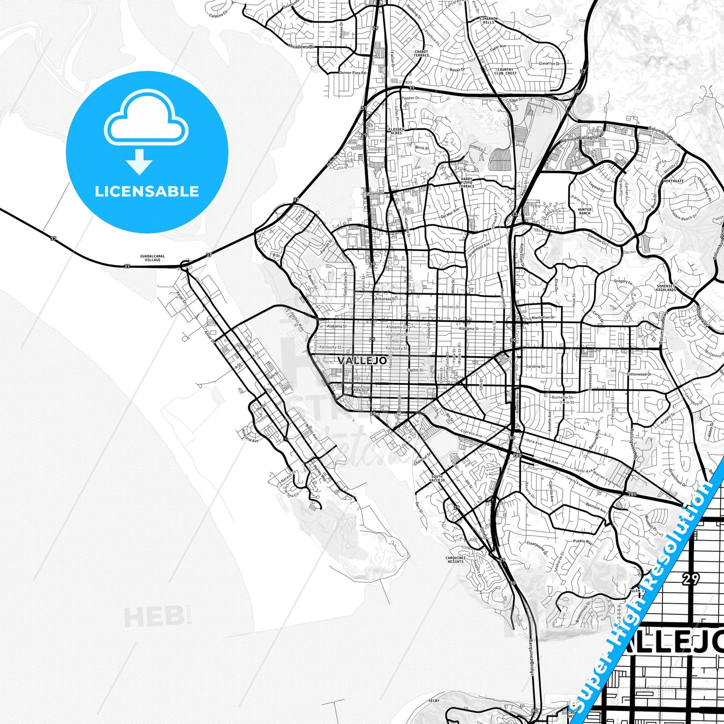 Vallejo, California Light Map with Street Names, City Names, and Districts