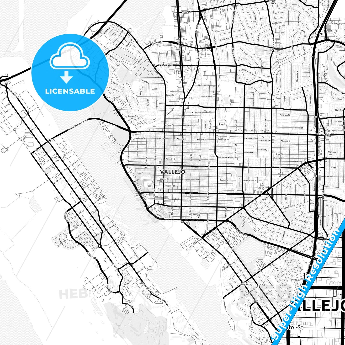 Vallejo, California Light Map with Street Names, City Names, and Districts