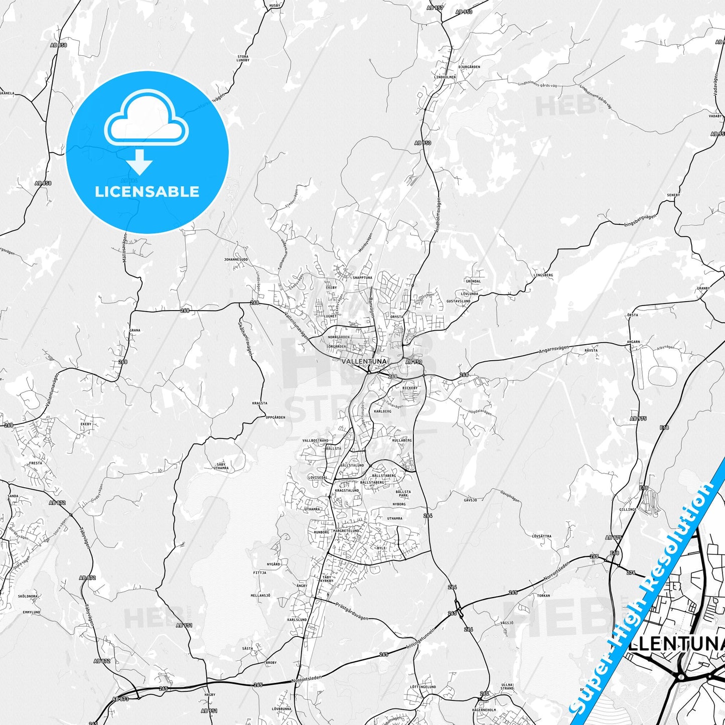 Vallentuna, Sweden Light Map with Street Names, City Names, and Districts