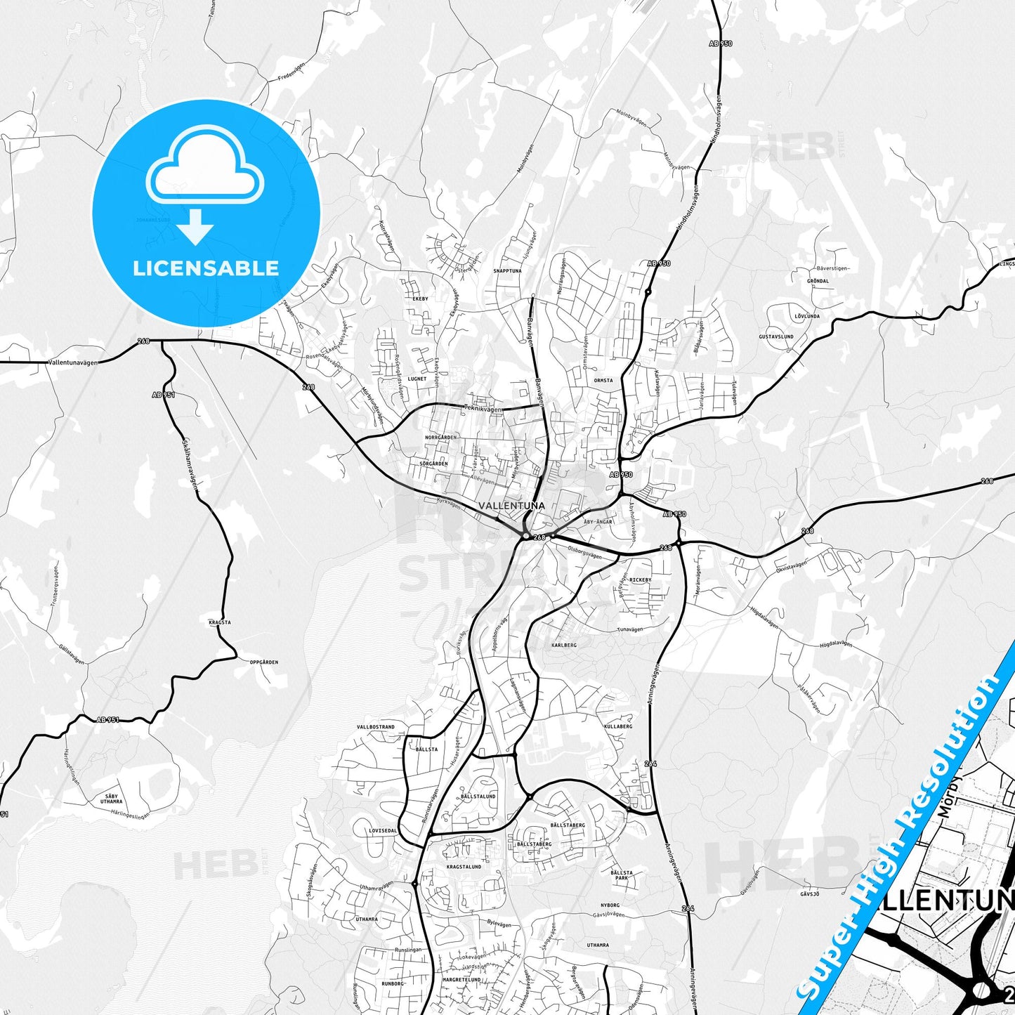 Vallentuna, Sweden Light Map with Street Names, City Names, and Districts