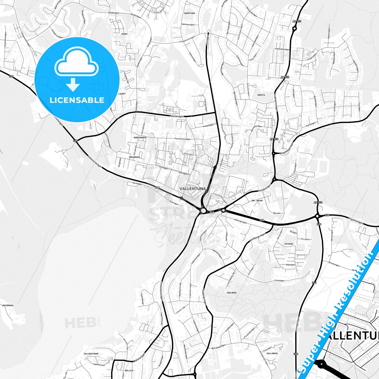 Vallentuna, Sweden Light Map with Street Names, City Names, and Districts