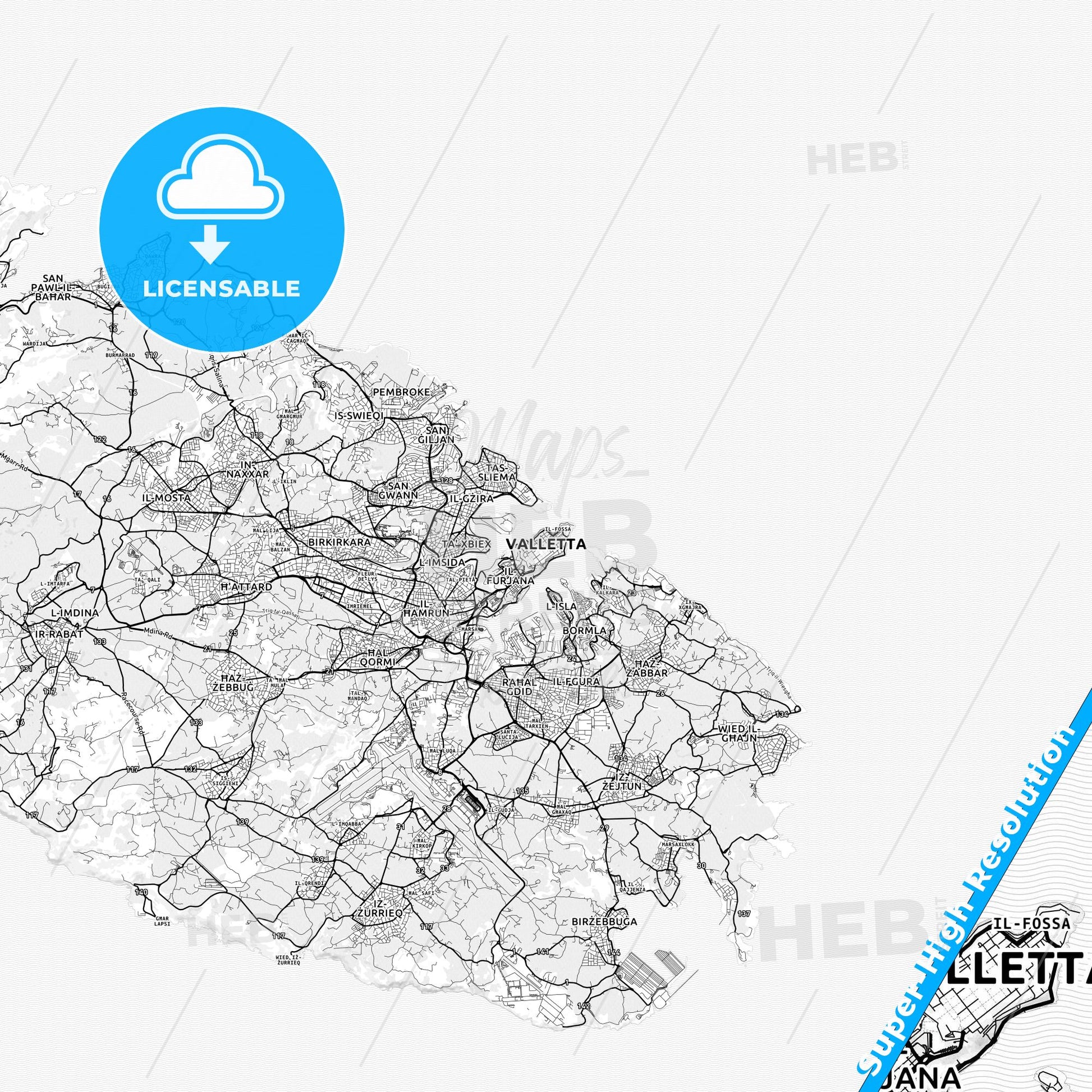 Valletta, Malta light map with streetnames, citynames and districts