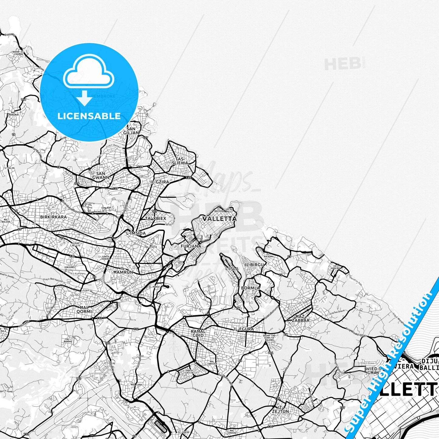Valletta, Malta Light Map with Street Names, City Names, and Districts