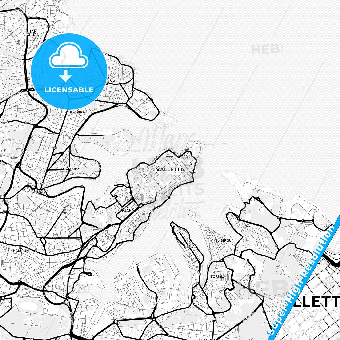 Valletta, Malta Light Map with Street Names, City Names, and Districts