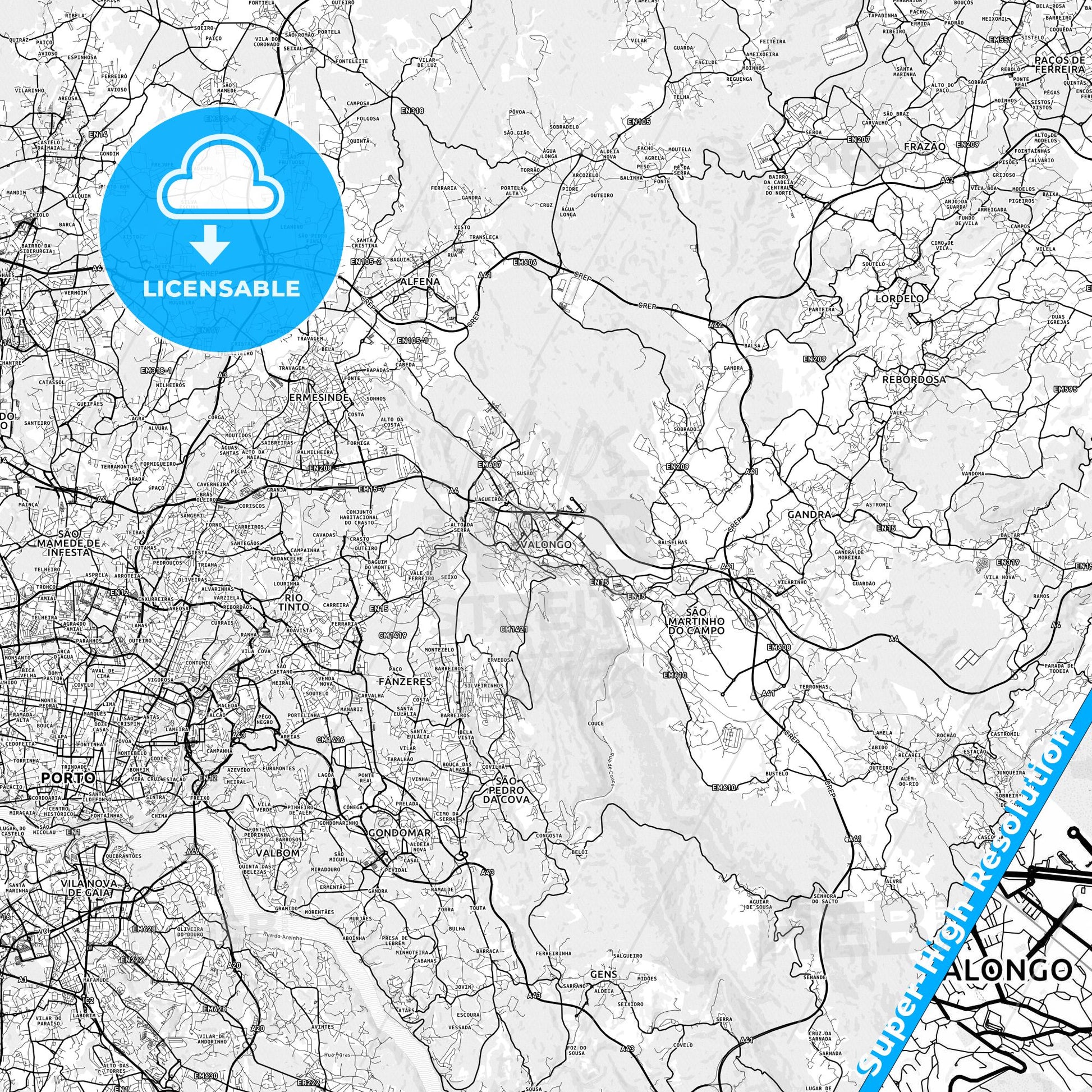 Valongo, Portugal light map with streetnames, citynames and districts