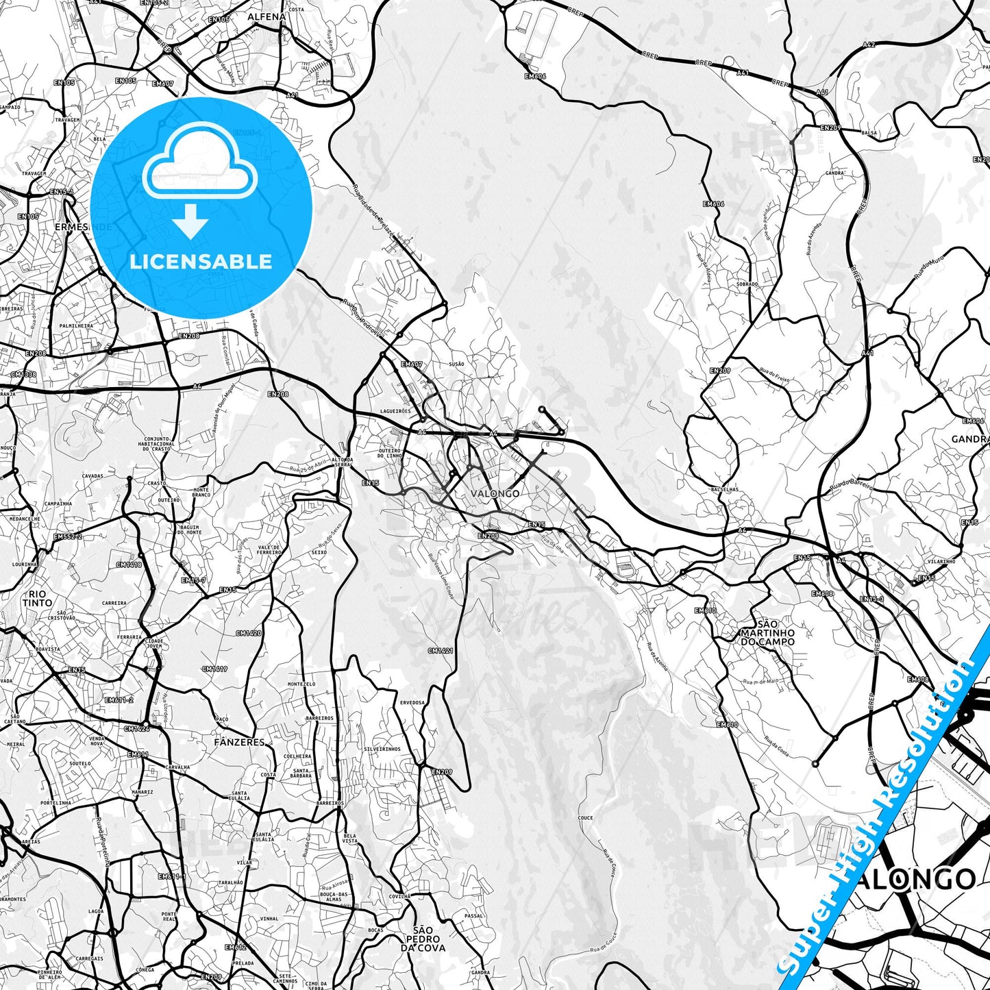 Valongo, Portugal Light Map with Street Names, City Names, and Districts