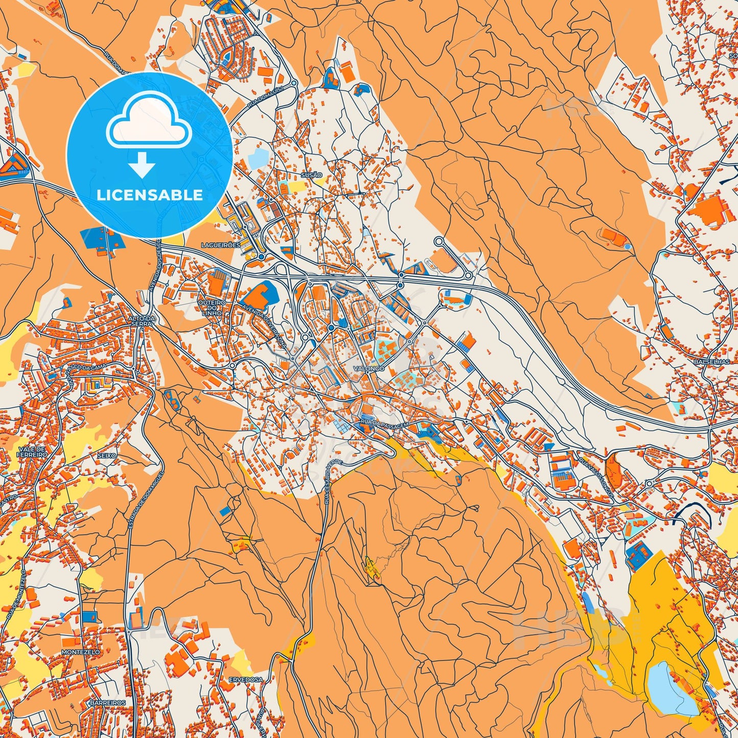Colorful Valongo Street Map with Labels and Buildings