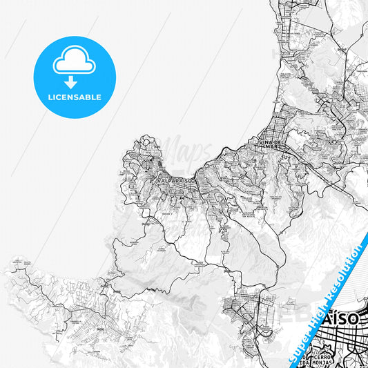 Valparaiso, Chile light map with streetnames, citynames and districts