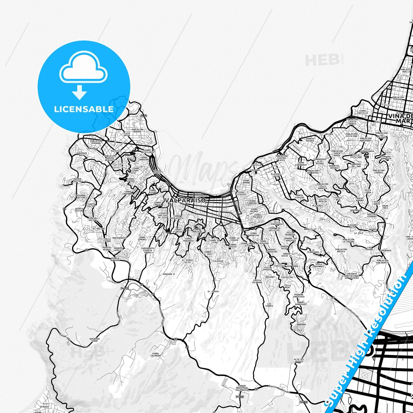 Valparaiso, Chile Light Map with Street Names, City Names, and Districts