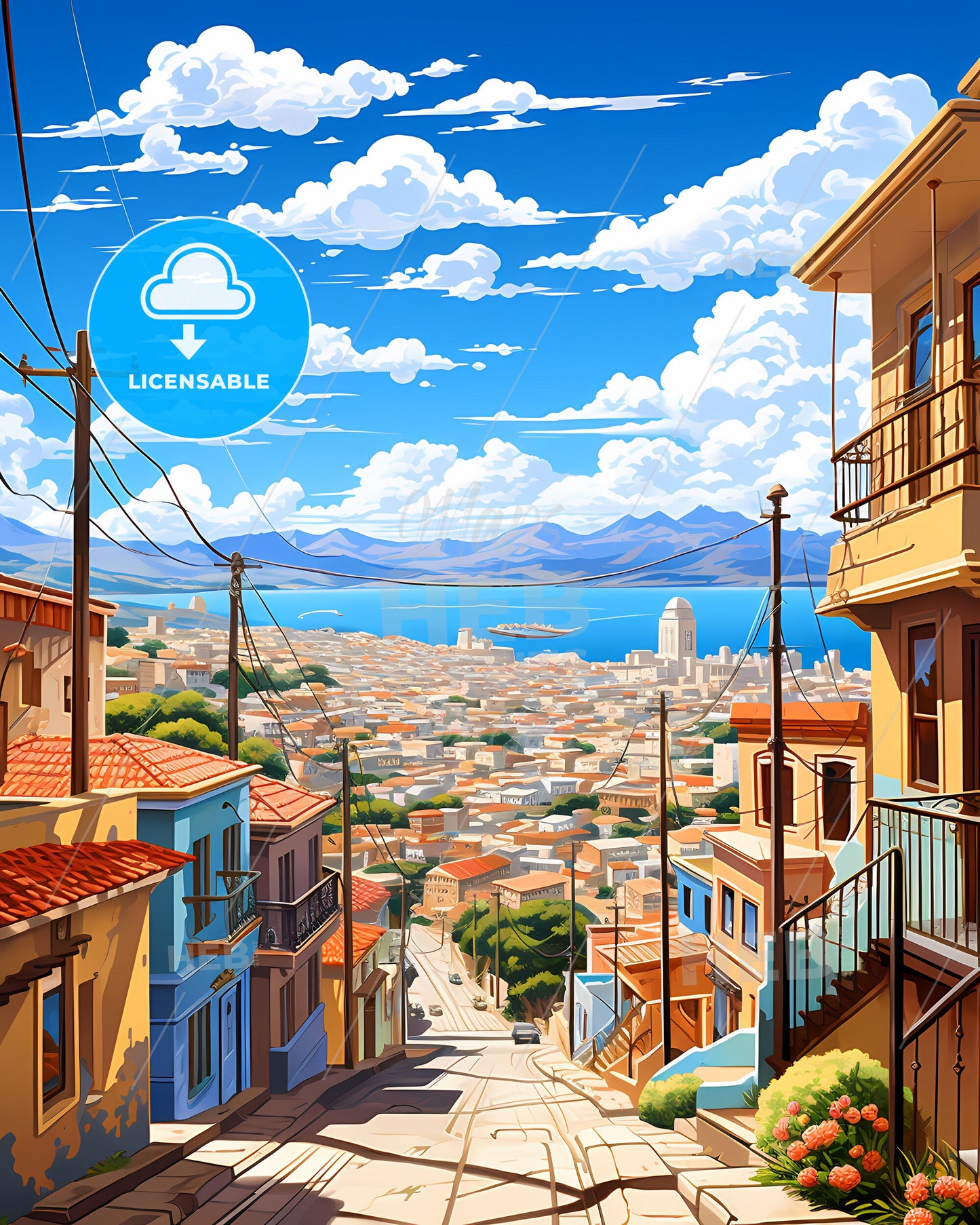 Colorful Cityscape Painting of Valparaiso Skyline, Chile, Featuring Vibrant Buildings and Scenic Seafront