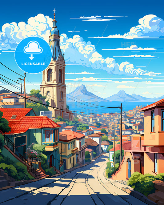 Vibrant Painting of Valparaiso Chile Skyline Featuring Street Tower and Buildings