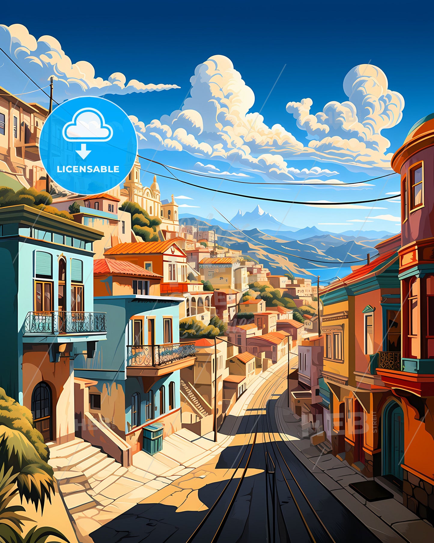 Colorful Cityscape Painting - Valparaiso Chile Skyline with Buildings and Mountains