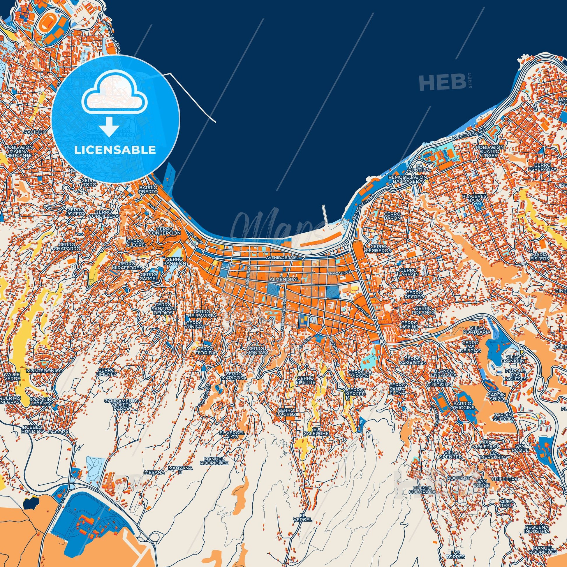 Colorful Valparaiso Street Map with Labels and Buildings