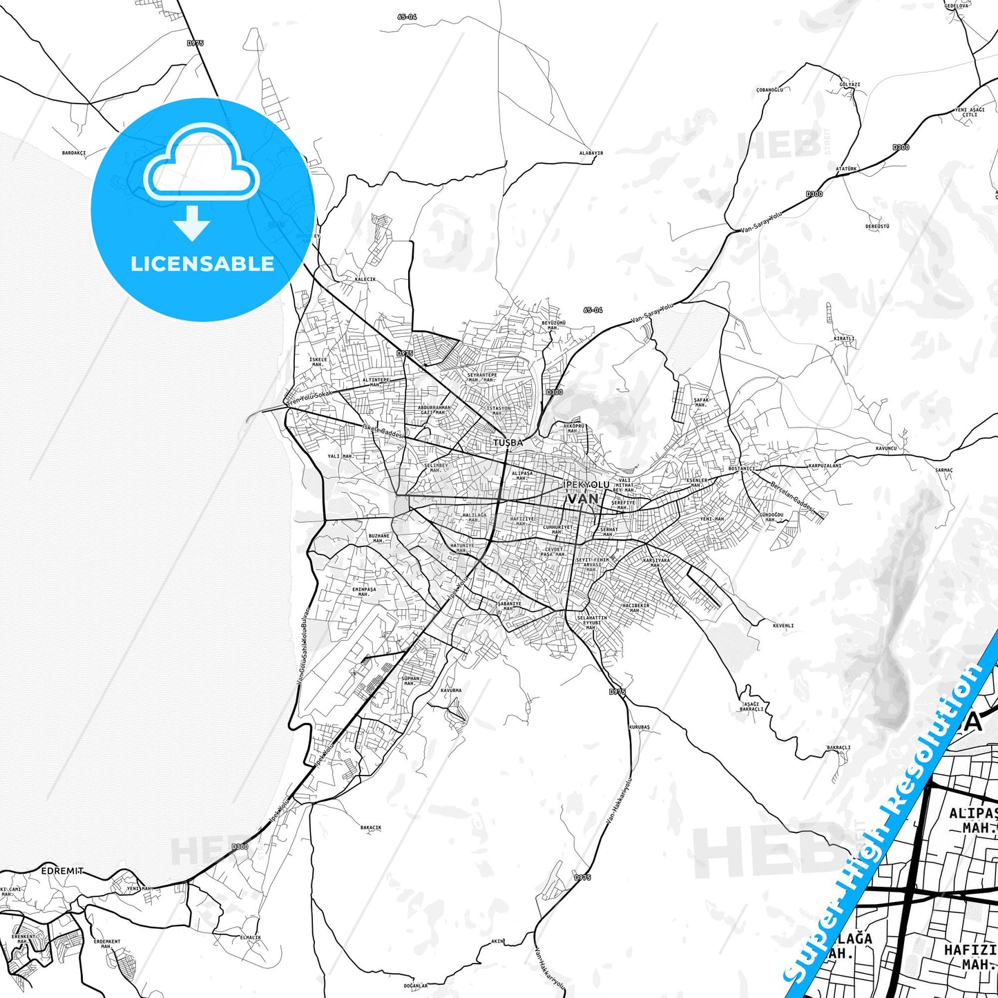 Van, Turkey light map with streetnames, citynames and districts