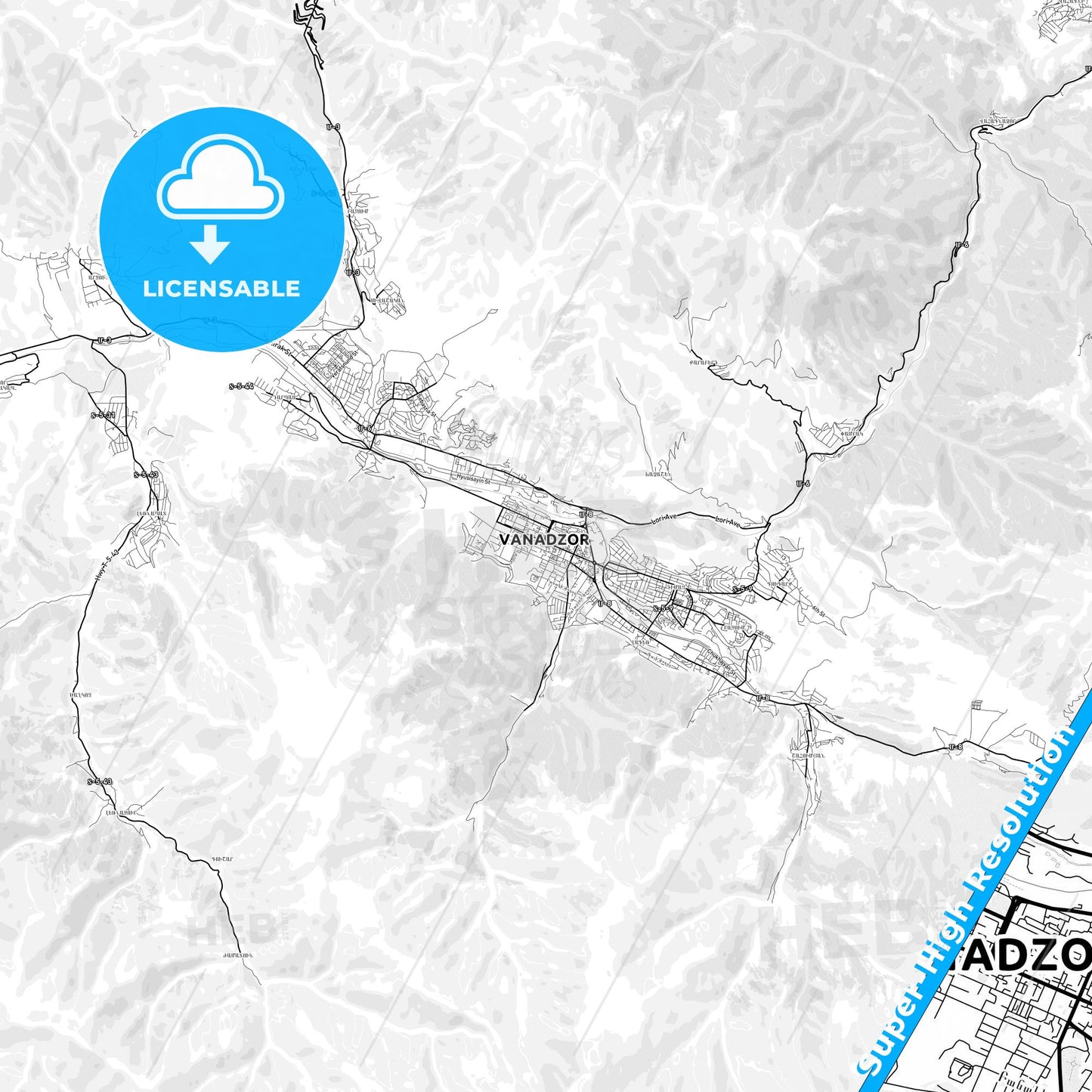 Vanadzor, Armenia light map with streetnames, citynames and districts