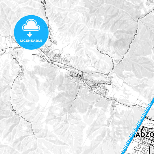 Vanadzor, Armenia light map with streetnames, citynames and districts