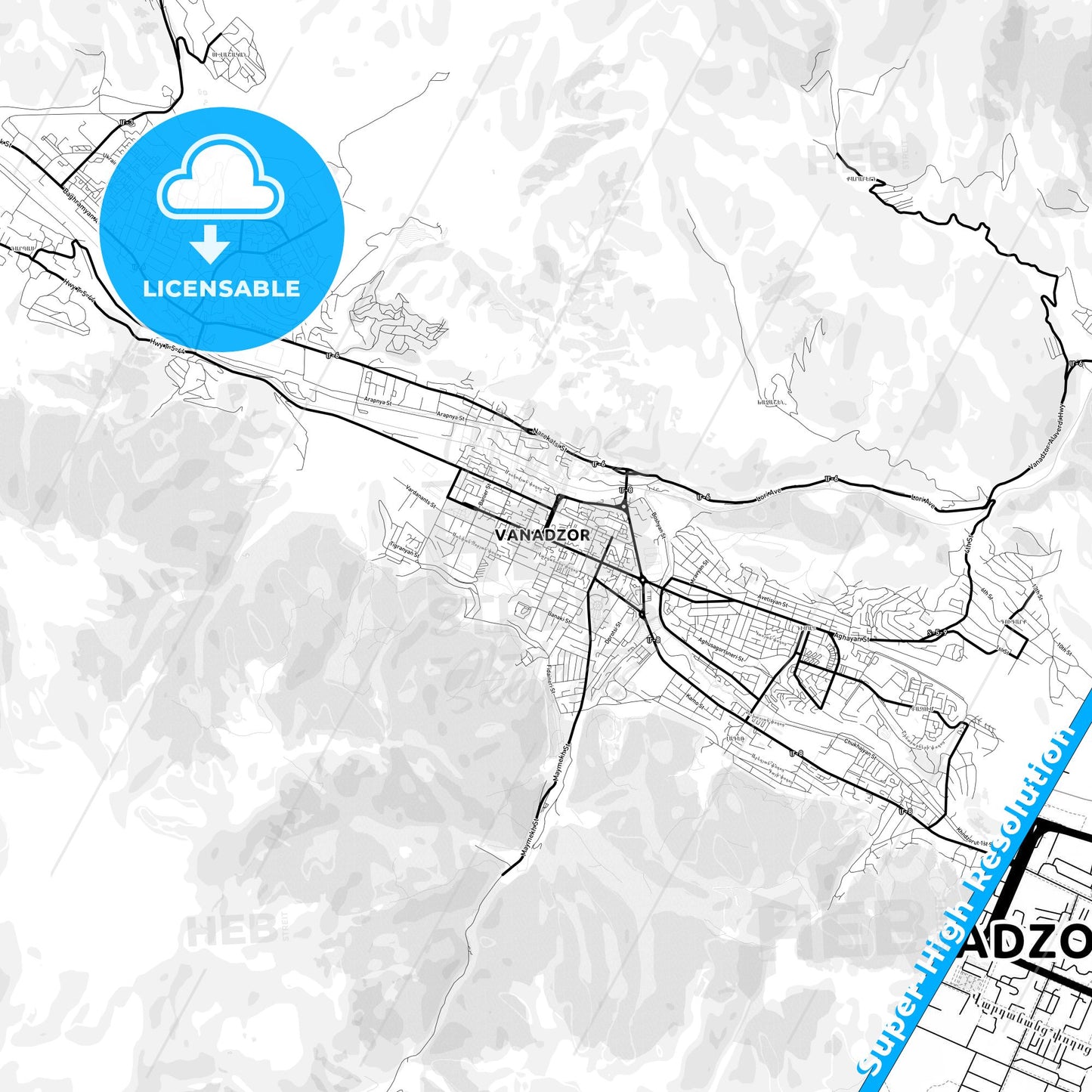 Vanadzor, Armenia Light Map with Street Names, City Names, and Districts