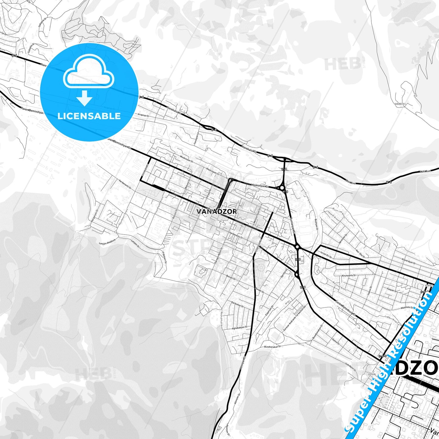 Vanadzor, Armenia Light Map with Street Names, City Names, and Districts