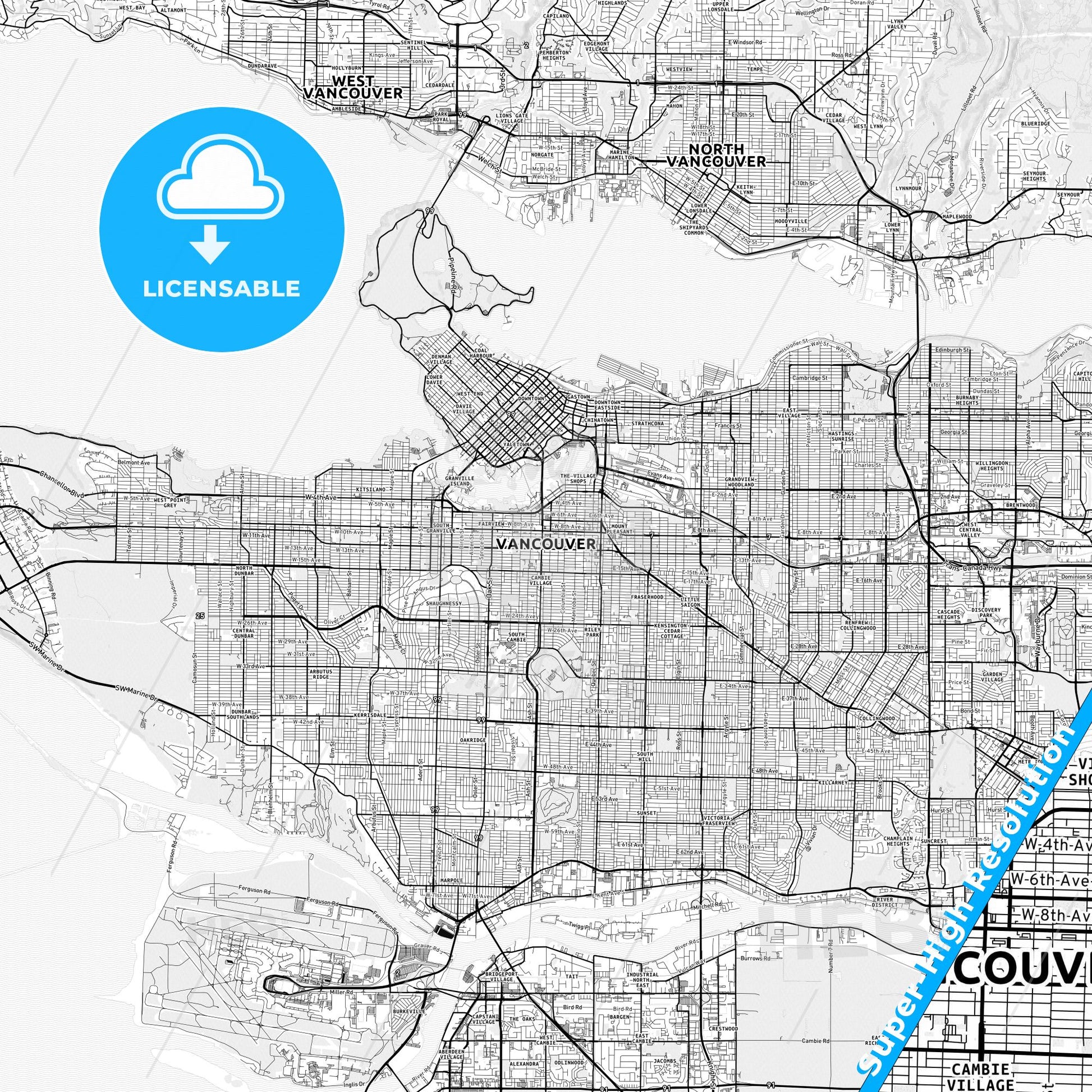 Vancouver, Canada light map with streetnames, citynames and districts
