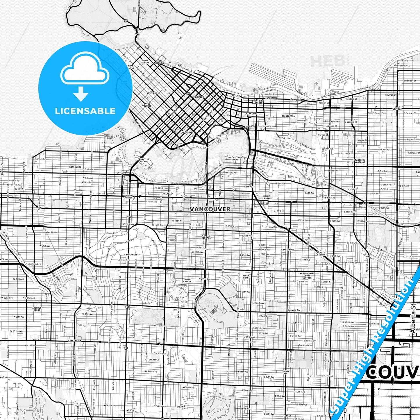 Vancouver, Canada Light Map with Street Names, City Names, and Districts