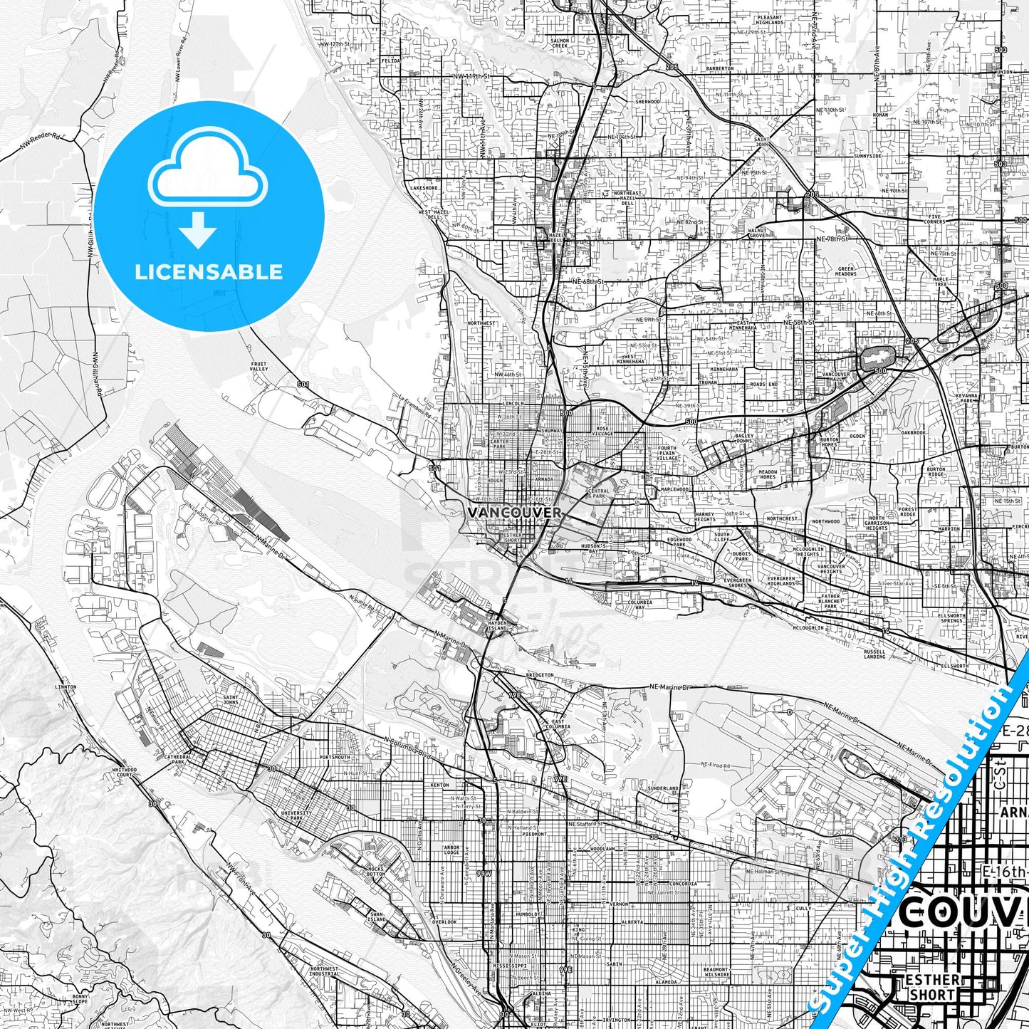 Vancouver, Washington light map with streetnames, citynames and districts